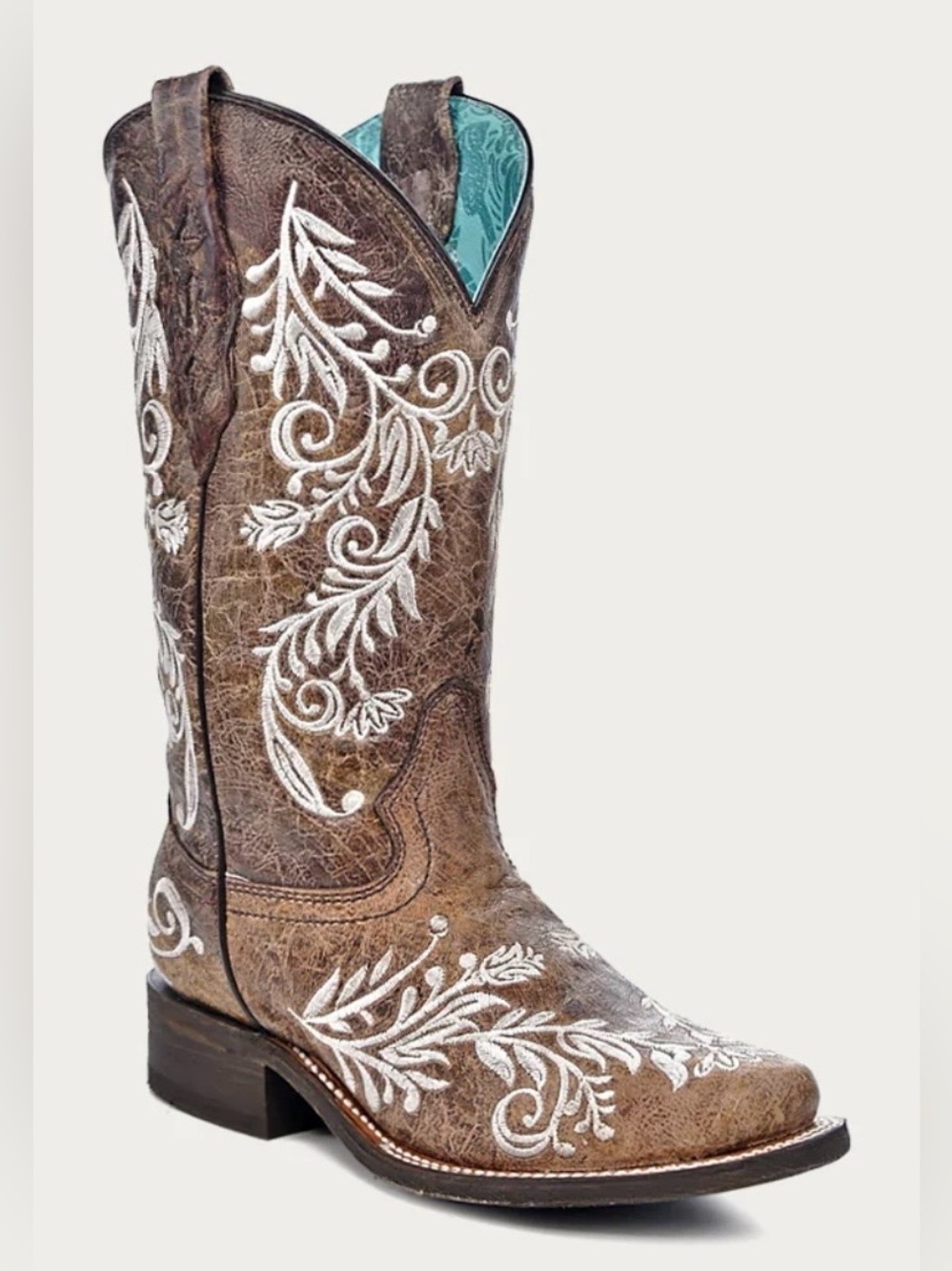 Corral Floral White Embroidery Glow Brown Leather Cowboy Cowgirl Boots Boho 11